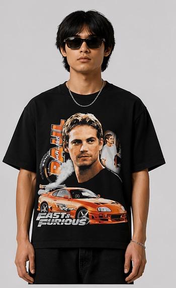 Paul Walker Fast & Furious Graphic T-Shirt | Brian O’Conner Car Print Oversized Tee | Men’s Black Streetwear