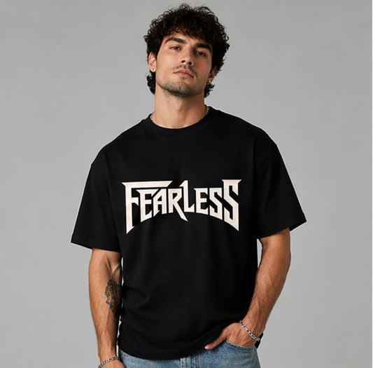 Men Oversized Pure Cotton Printed T-Shirt | “Fearless” Typography Graphic Tee | Black Streetwear Drop Shoulder T-Shirt