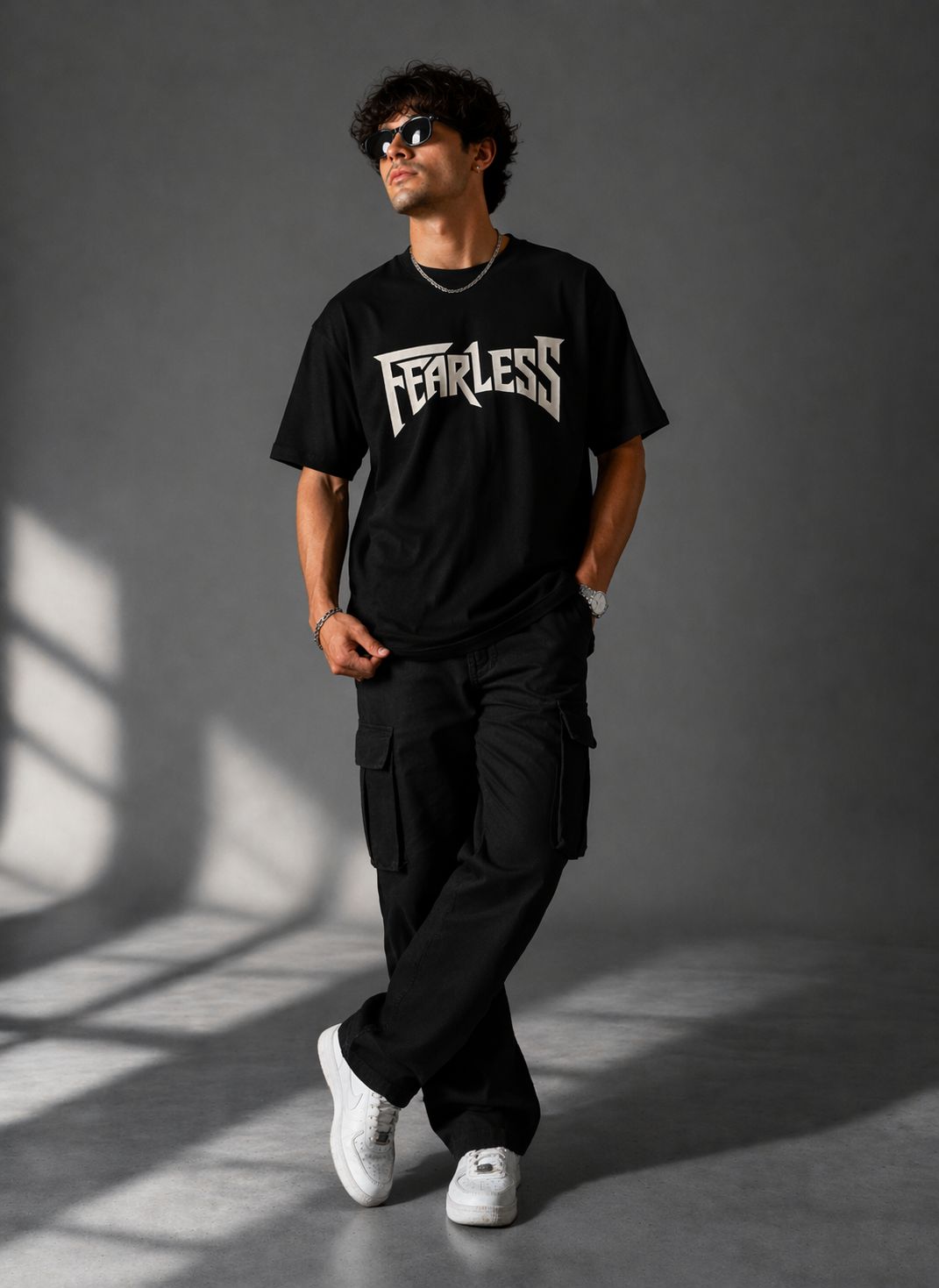 Men Oversized Pure Cotton Printed T-Shirt | “Fearless” Typography Graphic Tee | Black Streetwear Drop Shoulder T-Shirt