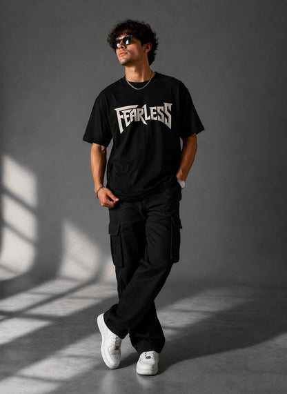 Men Oversized Pure Cotton Printed T-Shirt | “Fearless” Typography Graphic Tee | Black Streetwear Drop Shoulder T-Shirt