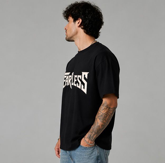 Men Oversized Pure Cotton Printed T-Shirt | “Fearless” Typography Graphic Tee | Black Streetwear Drop Shoulder T-Shirt
