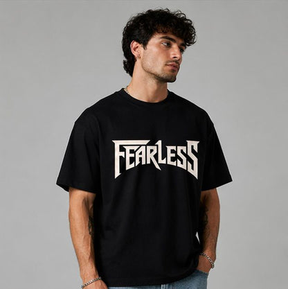 Men Oversized Pure Cotton Printed T-Shirt | “Fearless” Typography Graphic Tee | Black Streetwear Drop Shoulder T-Shirt
