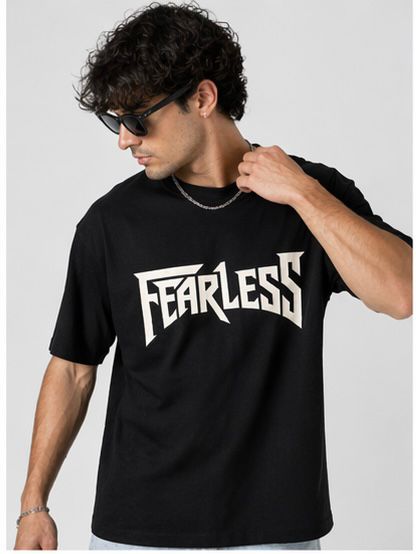 Men Oversized Pure Cotton Printed T-Shirt | “Fearless” Typography Graphic Tee | Black Streetwear Drop Shoulder T-Shirt