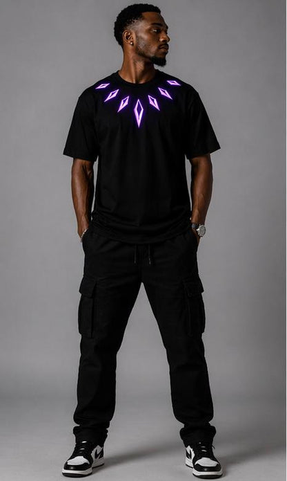 Tribal Neon Panther Graphic T-Shirt – Futuristic Streetwear Black Tee