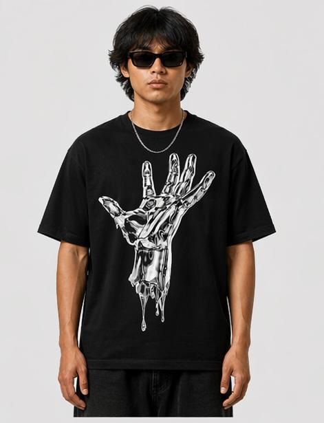 Cyber Chrome Hand Graphic Oversized T-Shirt for Men